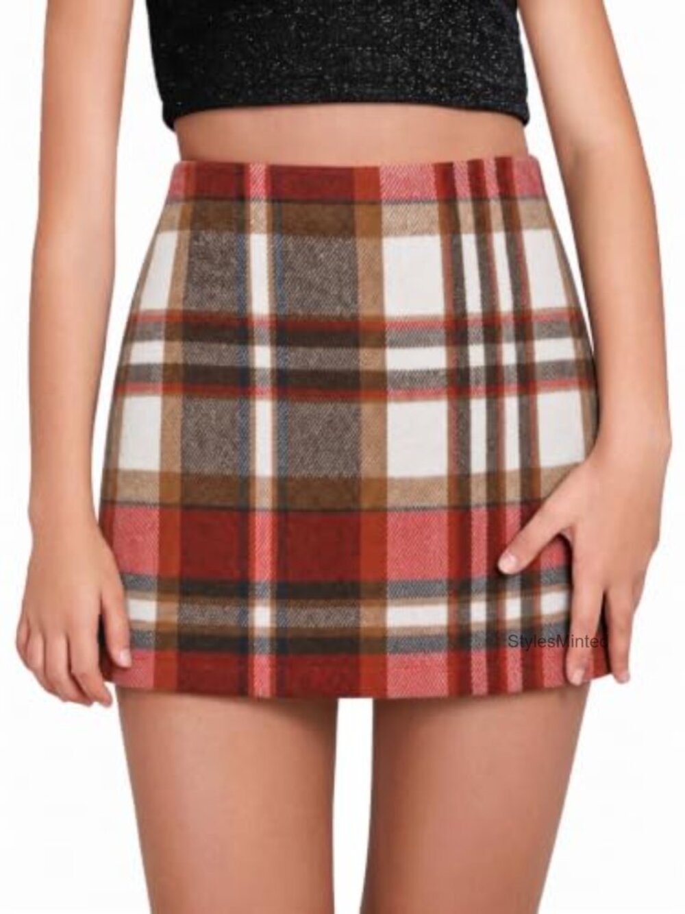 Girls Plaid Mini Skirt High Waist Pencil Skirt with Pockets
